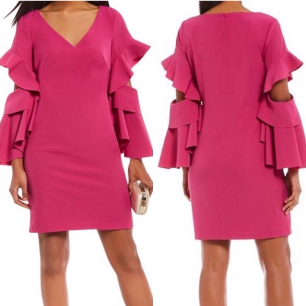 Badgley Mischka Belle  Pink Ruffle Bell Sleeves V-Neck Cocktail Dress Size 6